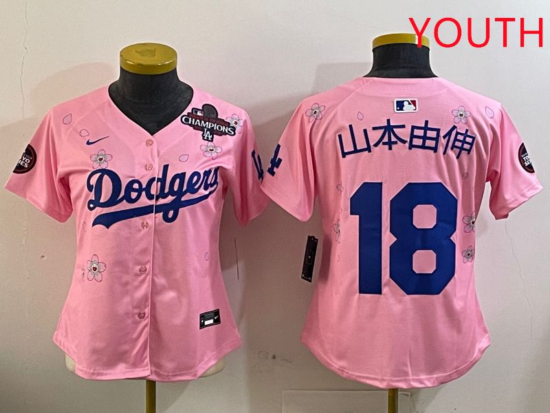 Youth Los Angeles Dodgers #18 Yamamoto Pink Sakura Edition 2025 Nike MLB Jersey style 2->women mlb jersey->Women Jersey